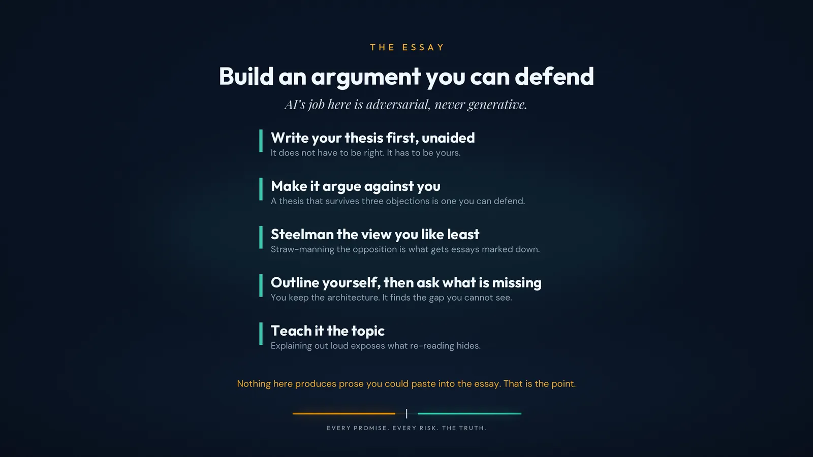 The essay methods: attack, steelman, find the gap, teach it.