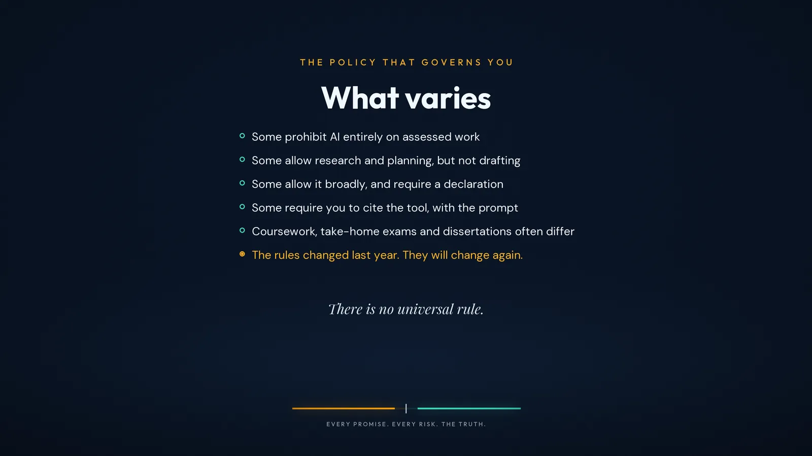 What varies: by institution, by faculty, by module, by assignment.